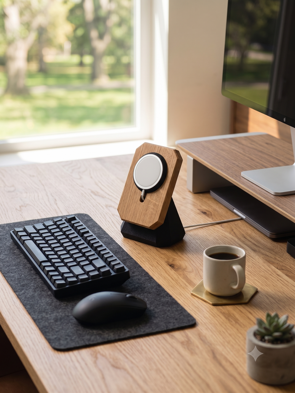 KI-generiertes Bild: Ein aufgeräumter Holztisch vor einem sonnigen Fenster mit Blick ins Grüne, darauf eine mechanische Tastatur auf einer Filzunterlage, eine Maus, ein MagSafe-Ladeständer aus Holz, eine Kaffeetasse und eine Sukkulente.