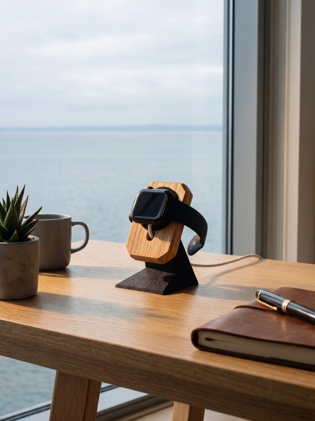 KI-generiertes Bild: Ein heller Holztisch an einem Fenster mit Blick auf das Meer, darauf eine Apple Watch auf einem Holz-Ladeständer, eine Kaffeetasse, eine Sukkulente im Topf und ein Notizbuch mit Stift.