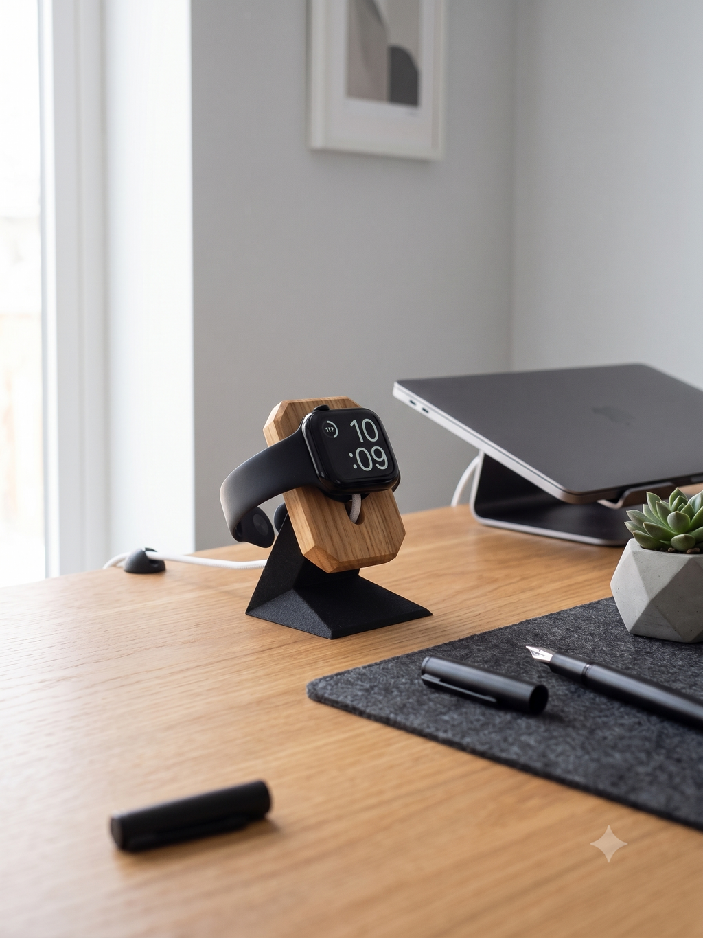 KI-generiertes Bild: Ein heller Holztisch im Büro mit einer Apple Watch auf einem Holz-Ladeständer, einem Laptop auf einem Ständer, einer Schreibtischunterlage aus Filz, einem Füllfederhalter und einer kleinen Sukkulente.