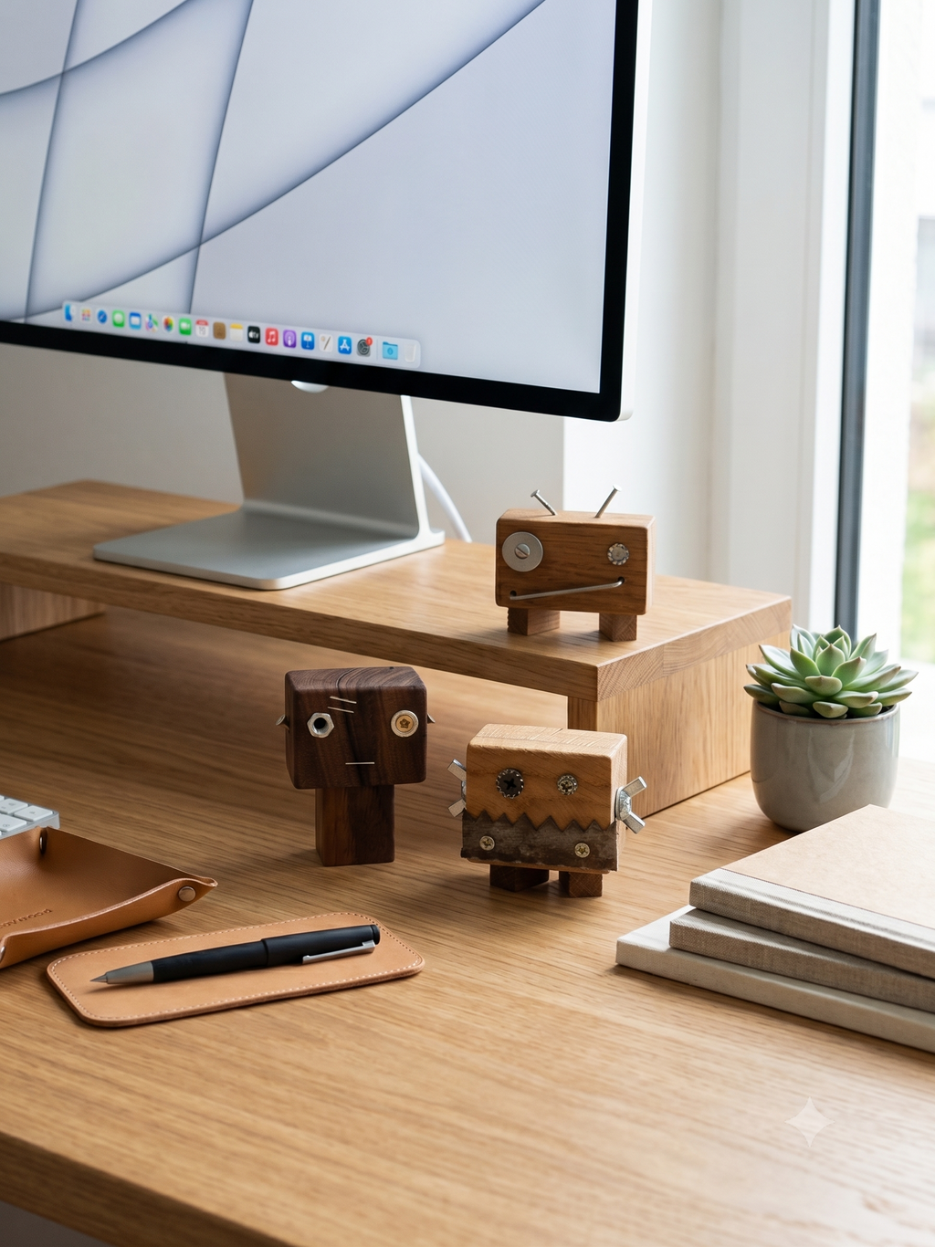 KI-generiertes Bild: Ein aufgeräumter, minimalistischer Arbeitsplatz an einem hellen Holztisch. Auf dem Tisch stehen drei kleine Roboterfiguren aus Holz, die mit Muttern, Schrauben und Nägeln verziert sind. Im Hintergrund ist ein großer Computerbildschirm auf einem hölzernen Monitorständer zu sehen, daneben liegen ein Stapel Notizbücher, ein Stift in einer Lederschale und ein kleiner Blumentopf mit einer Sukkulente.