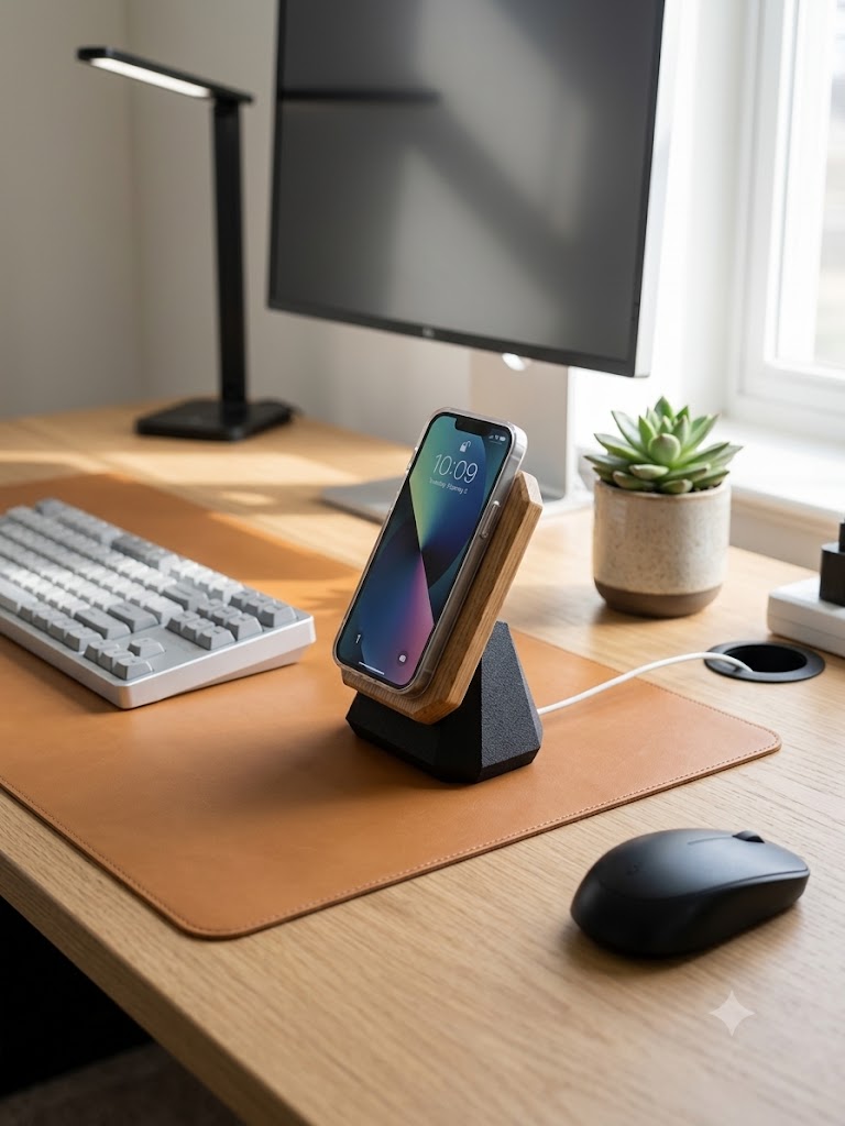 KI-generiertes Bild: Ein aufgeräumter Holztisch im Büro mit einem Smartphone in einem hölzernen Ladeständer, einer hellgrauen Tastatur auf einer braunen Schreibtischunterlage, einer schwarzen Maus, einer Schreibtischlampe und einer Sukkulente.